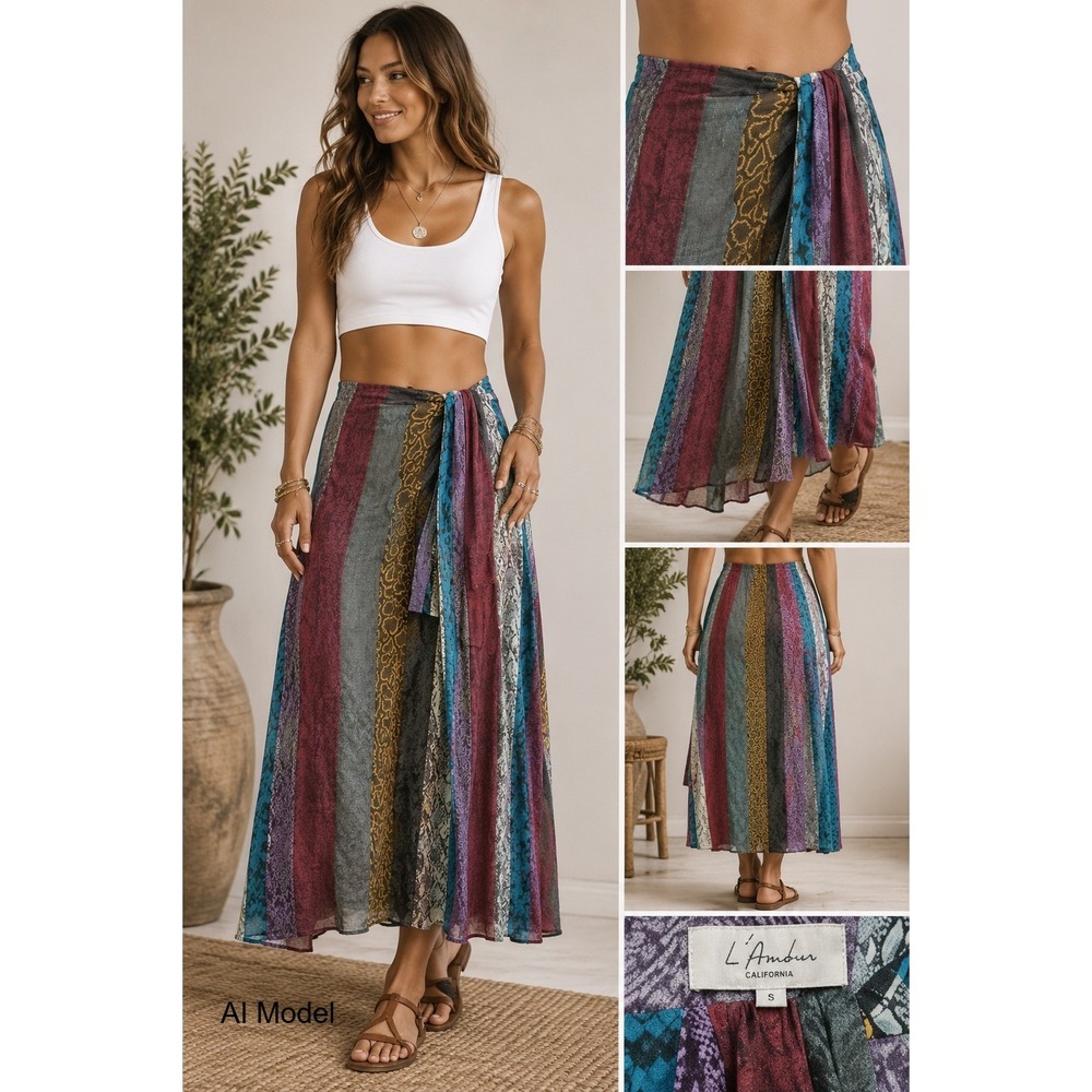 Boho Patchwork Maxi Skirt Medium Festival Indie Colorful Vacation Resort Coverup